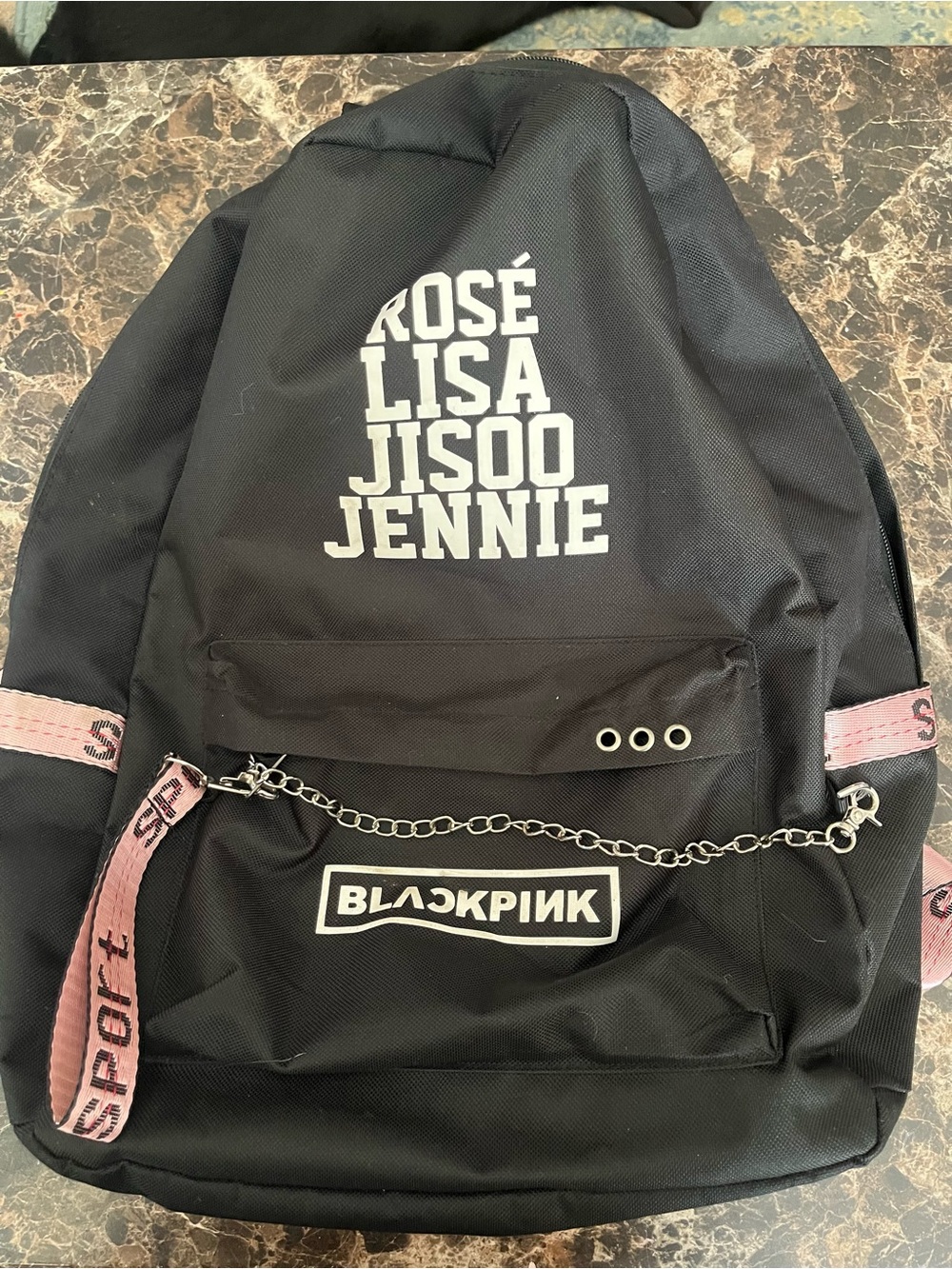 BLACKPINK Black Graphic Backpack with Pink Accent Straps euc